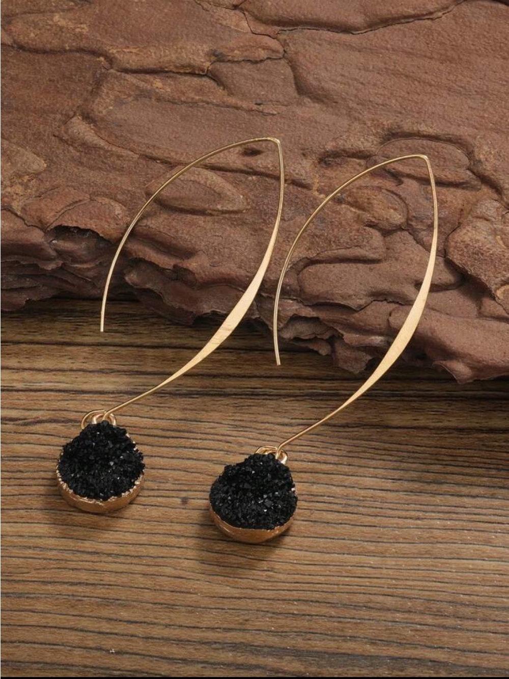 Gold Drop Earrings with Black Druzy Stones - Women Jewelry